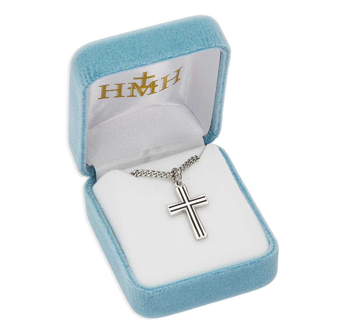 Sterling Silver Rhodium Plated High Polished Cross with Black Inlay Grooves-20"Ch-Bxd