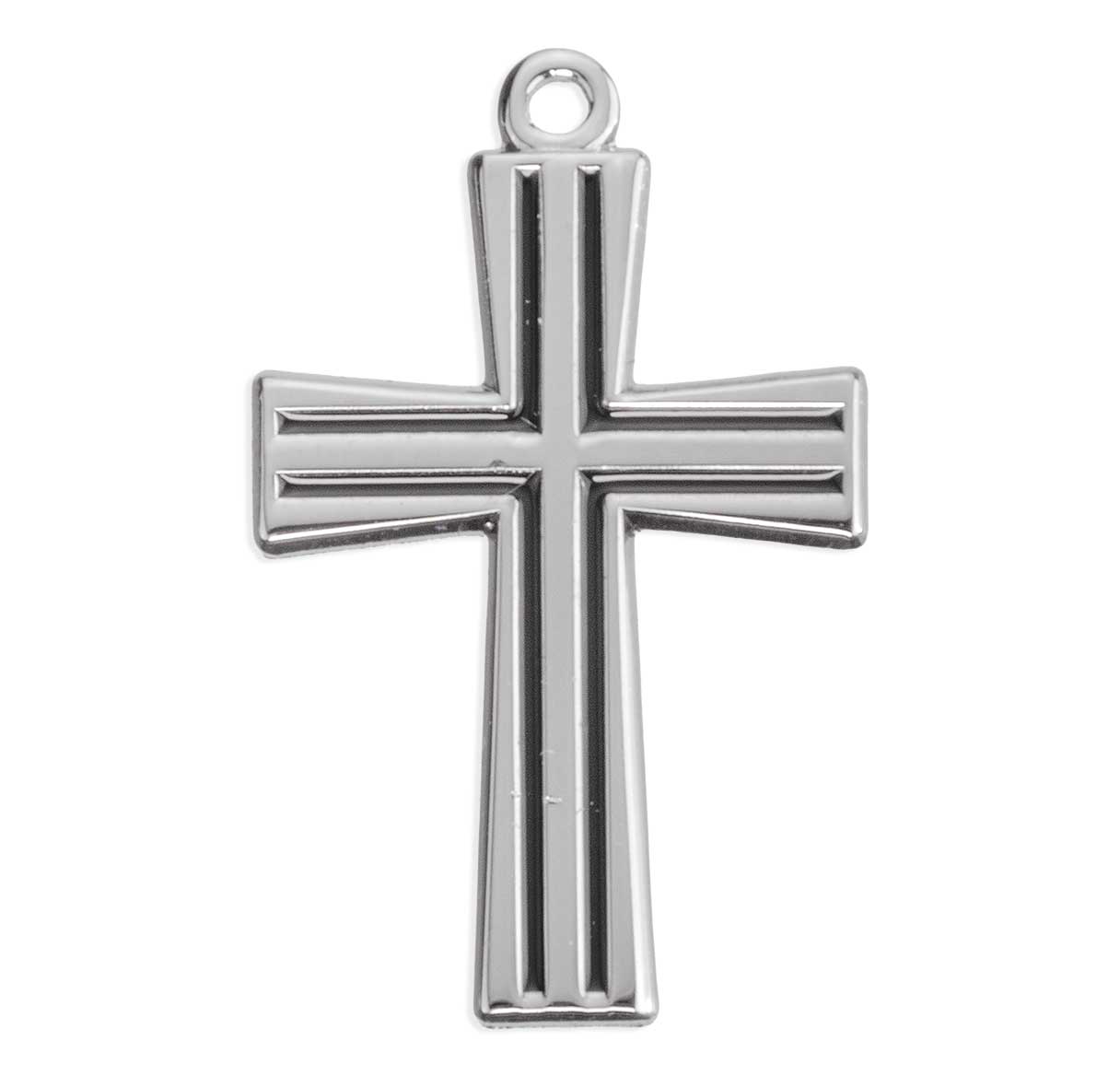 Sterling Silver Rhodium Plated High Polished Cross with Black Inlay Grooves-20"Ch-Bxd