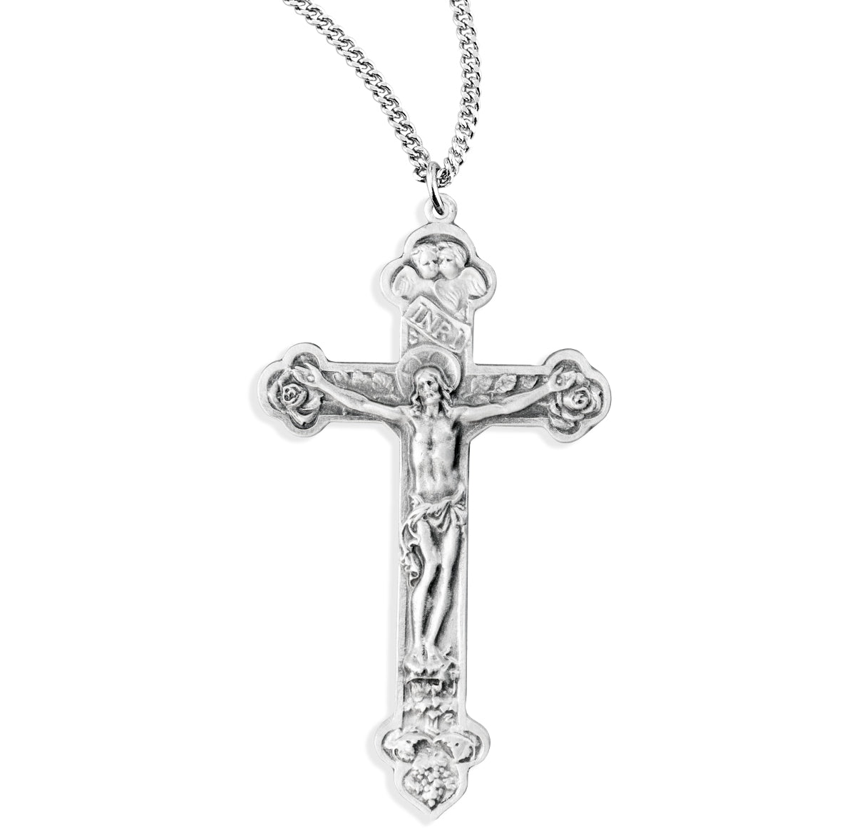 Sterling Silver Latin Style Crucifix with Angels and Roses in Tips on 27" Ch-Bxd