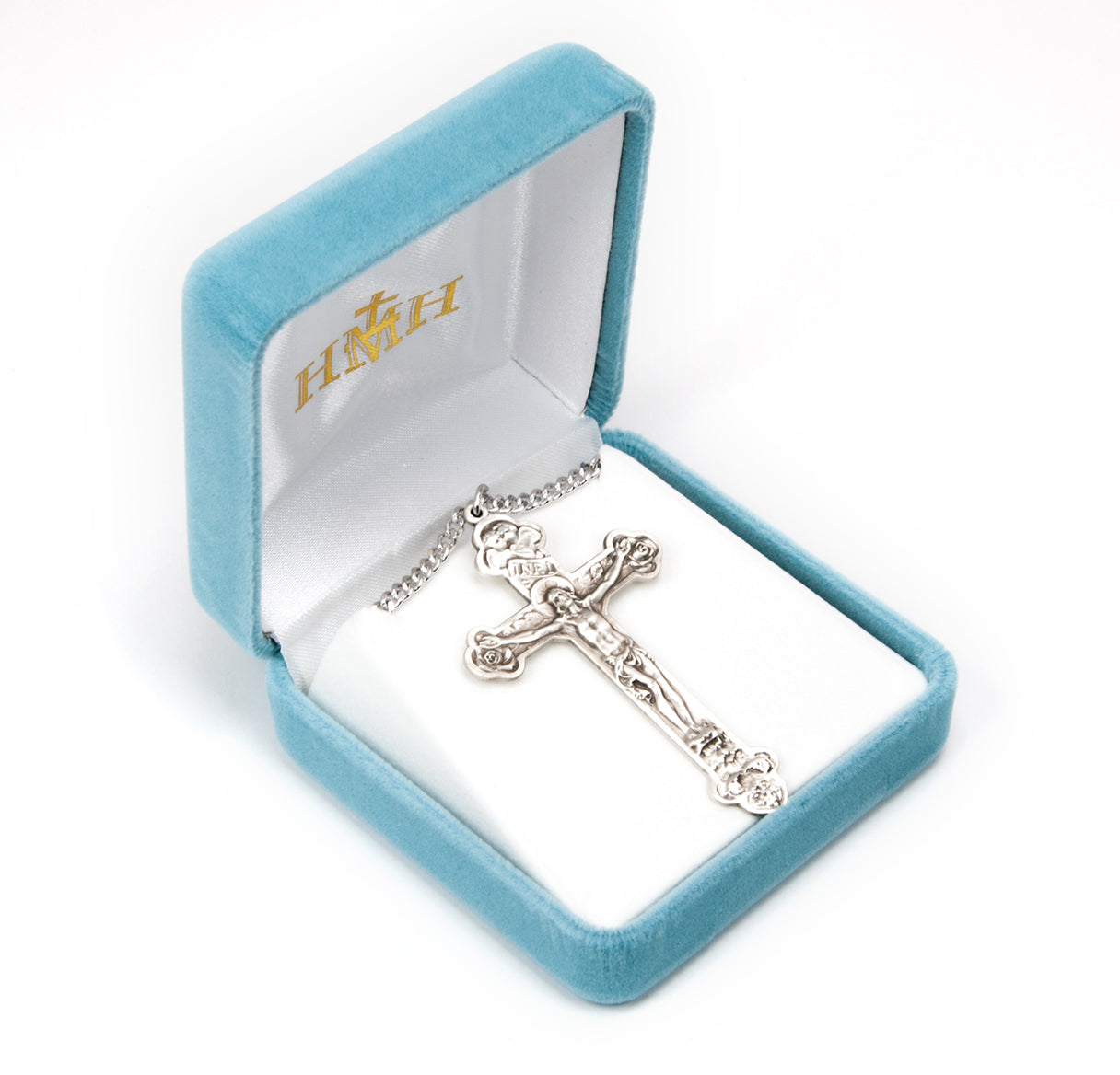 Sterling Silver Latin Style Crucifix with Angels and Roses in Tips on 27" Ch-Bxd