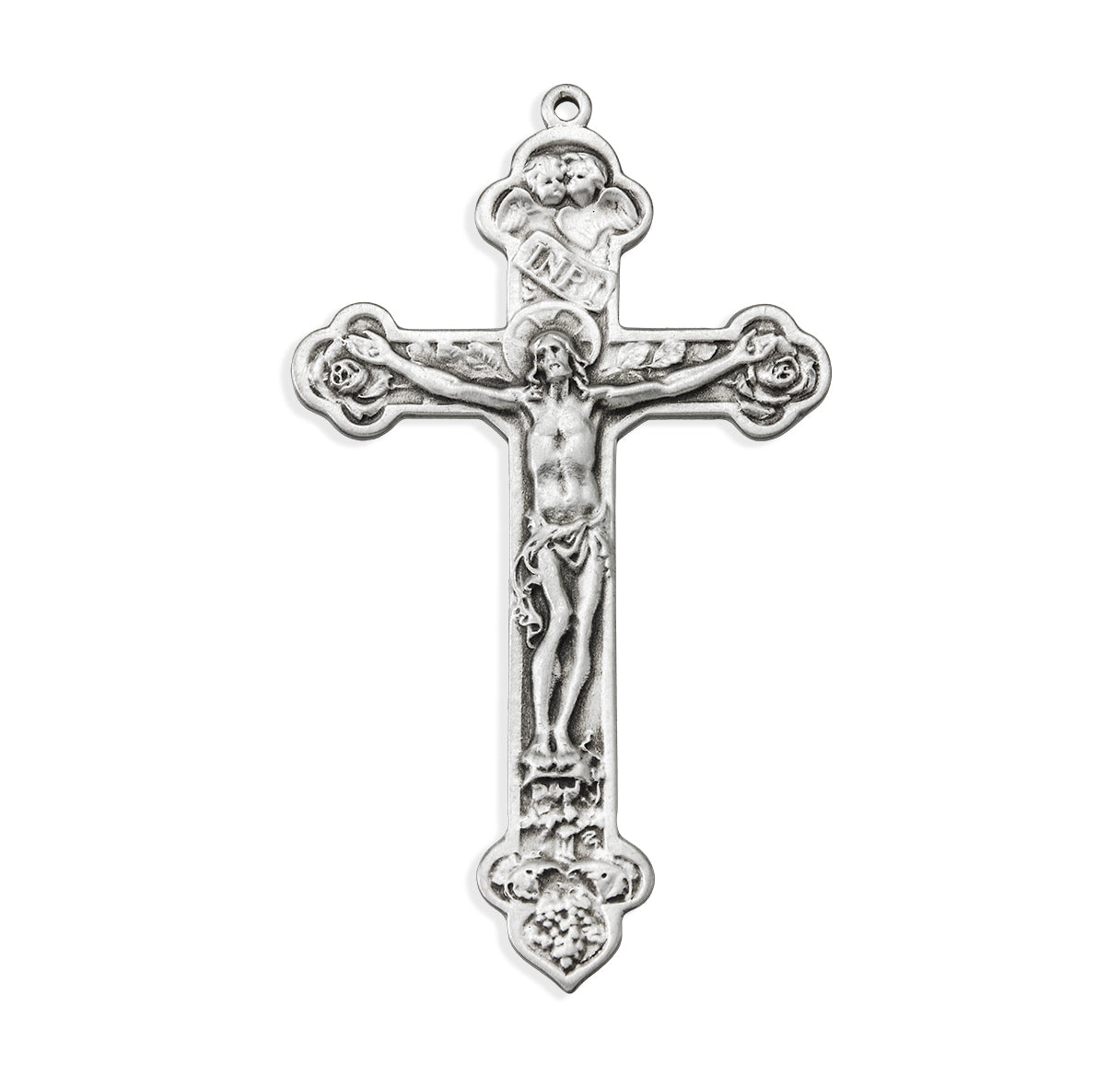 Sterling Silver Latin Style Crucifix with Angels and Roses in Tips on 27" Ch-Bxd