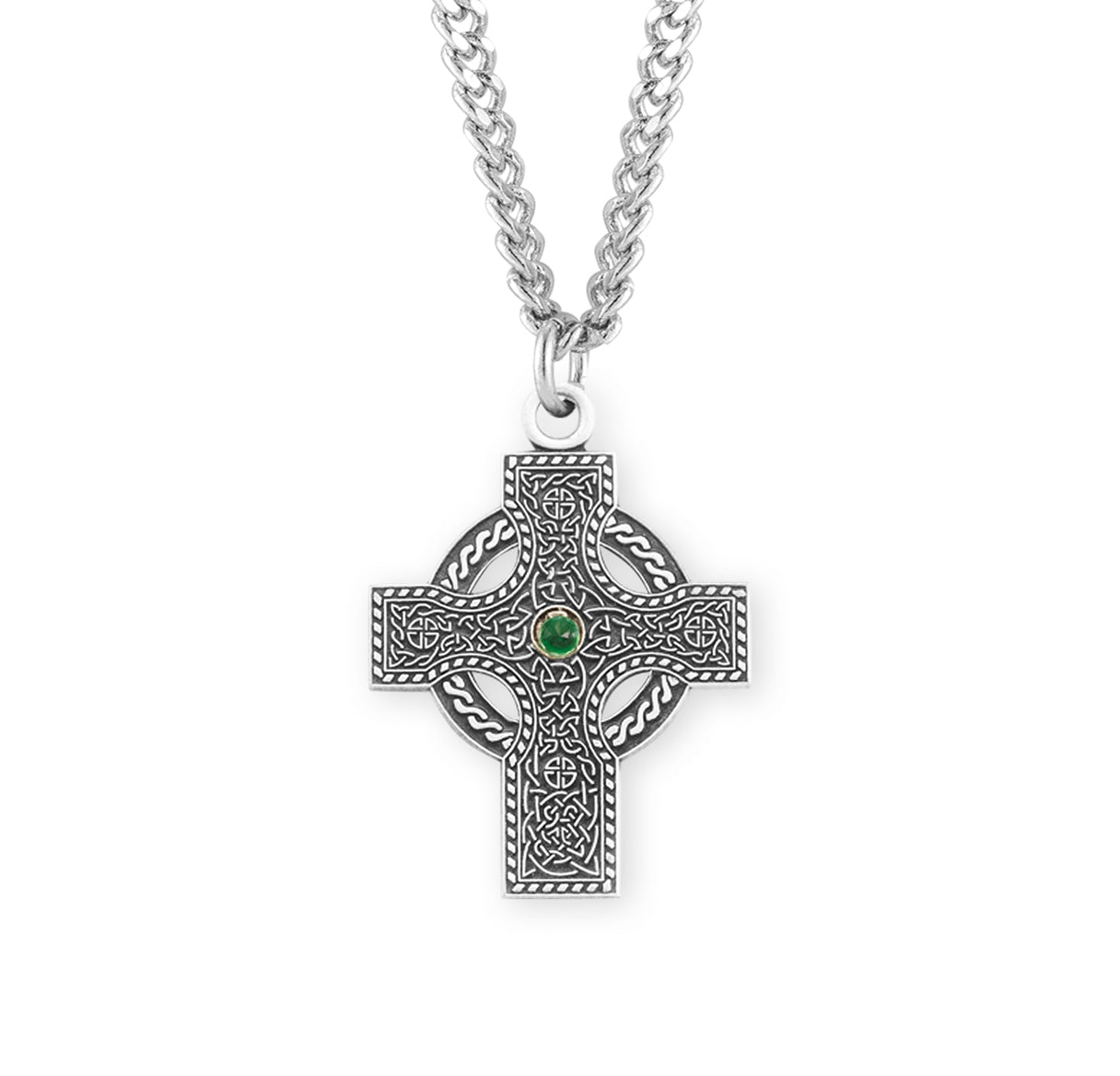 Sterling Silver Iona Celtic Cross, Emerald Center, w/18" Ch-Bxd