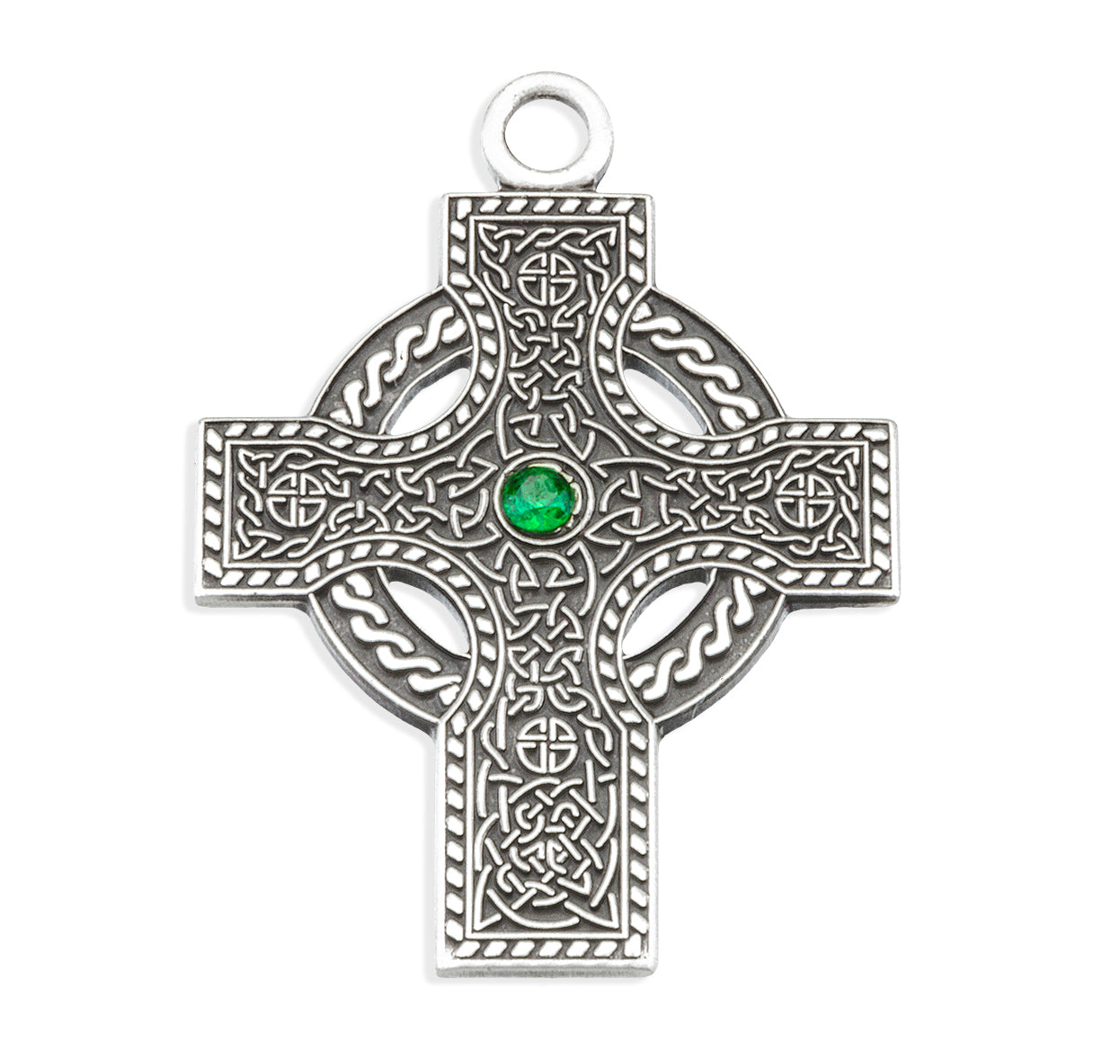 Sterling Silver Iona Celtic Cross, Emerald Center, w/18" Ch-Bxd