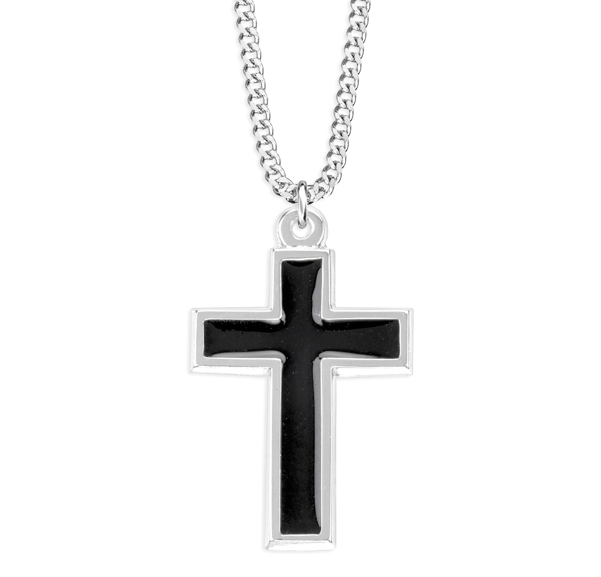 Sterling Silver Cross Polished Rhodium Plated W/ Black inlay-20"
