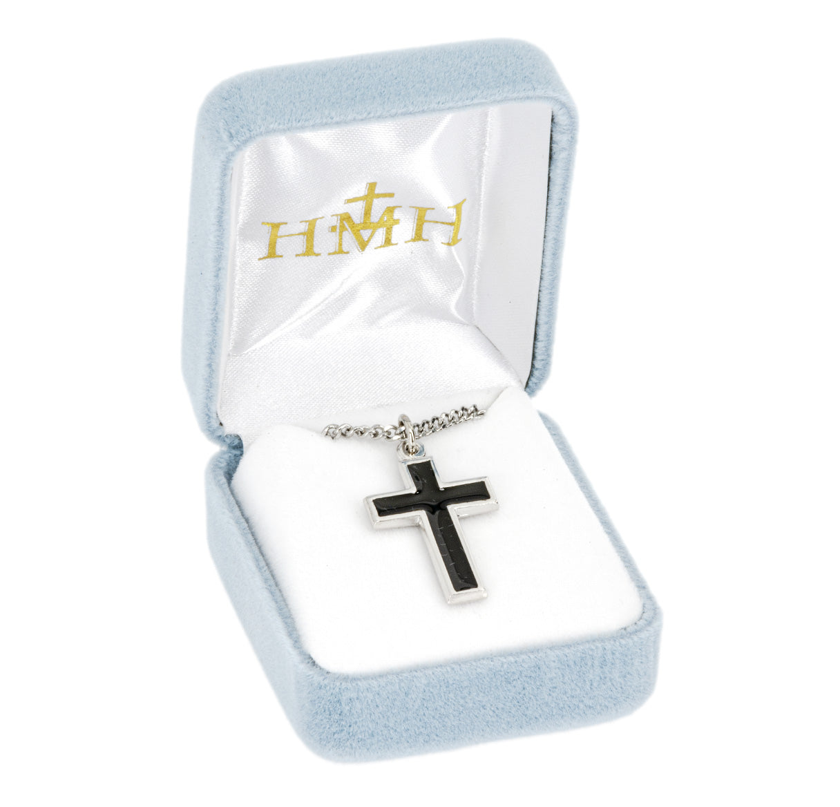 Sterling Silver Cross Polished Rhodium Plated W/ Black inlay-20"