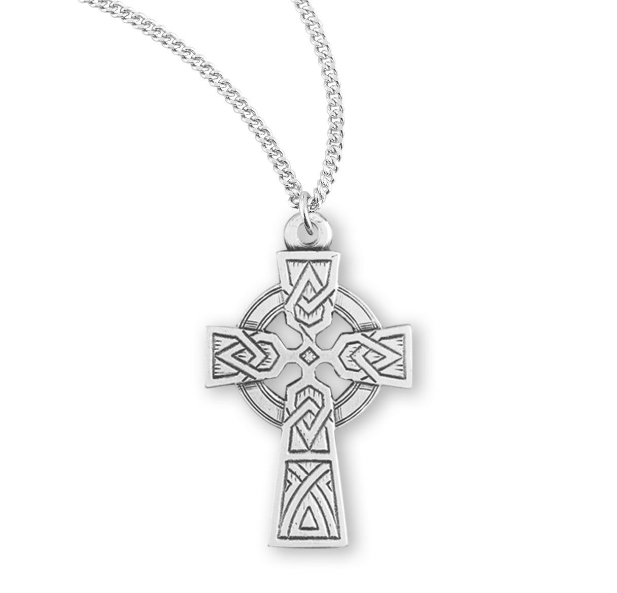 Sterling Silver Celtic Cross with Celtic Knot Seignand Pierced Halo-*18"(Thin)-Ch-Bxd