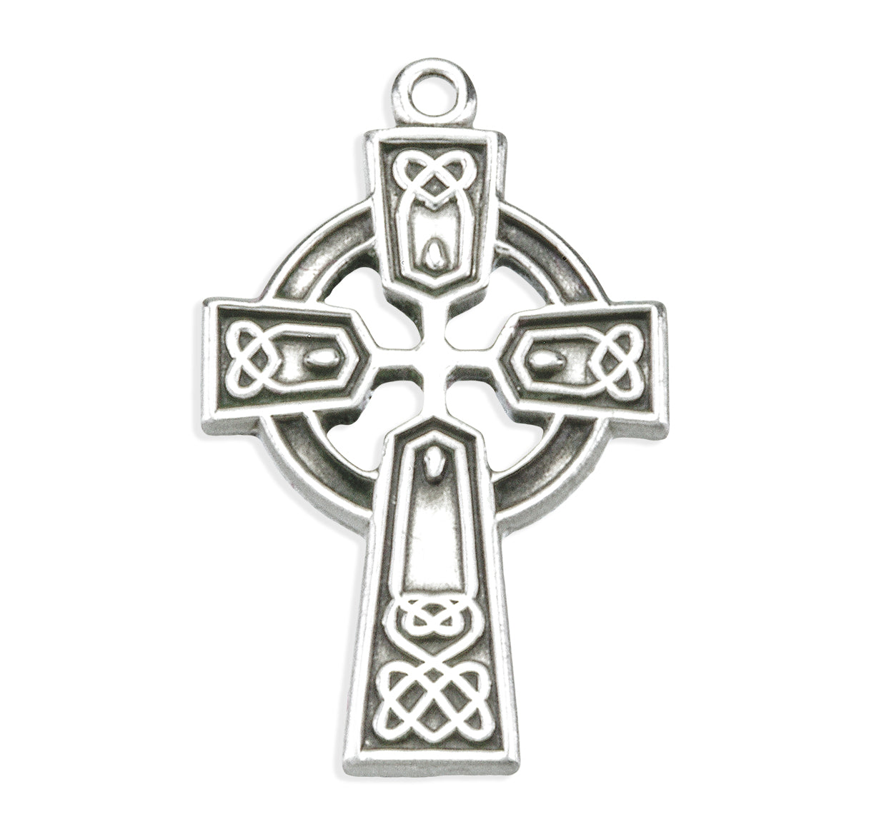 Sterling Silver Celtic Cross with Celtic Knot Seignand Pierced Halo-*18"(Thin)-Ch-Bxd