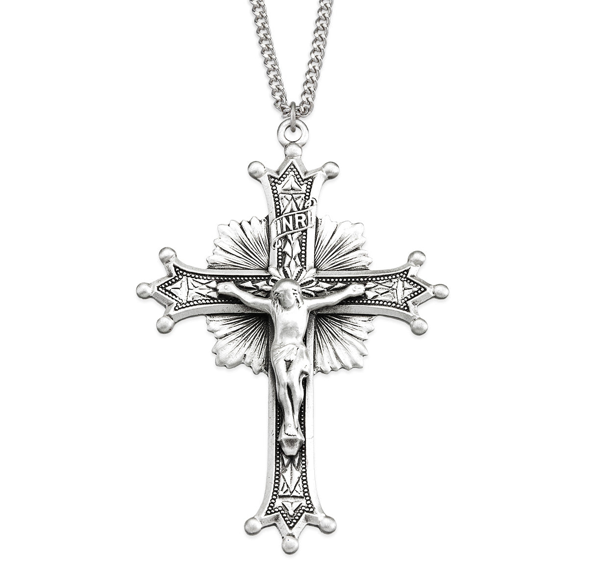 Sterling Silver Starburst Crucifix W/ Engraved Detailed Cross 2" High -24" Ch-Bxd