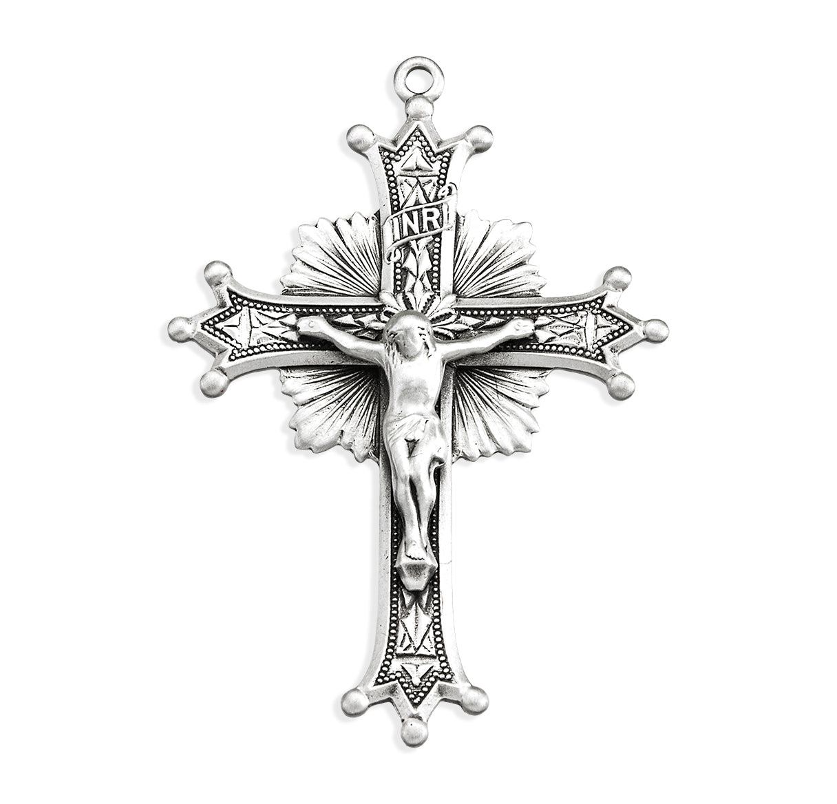 Sterling Silver Starburst Crucifix W/ Engraved Detailed Cross 2" High -24" Ch-Bxd