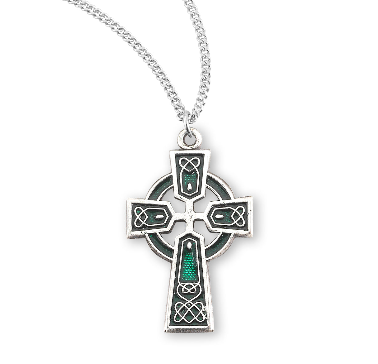 Sterling Silver Green Epoxy Irish Celtic cross Pendant