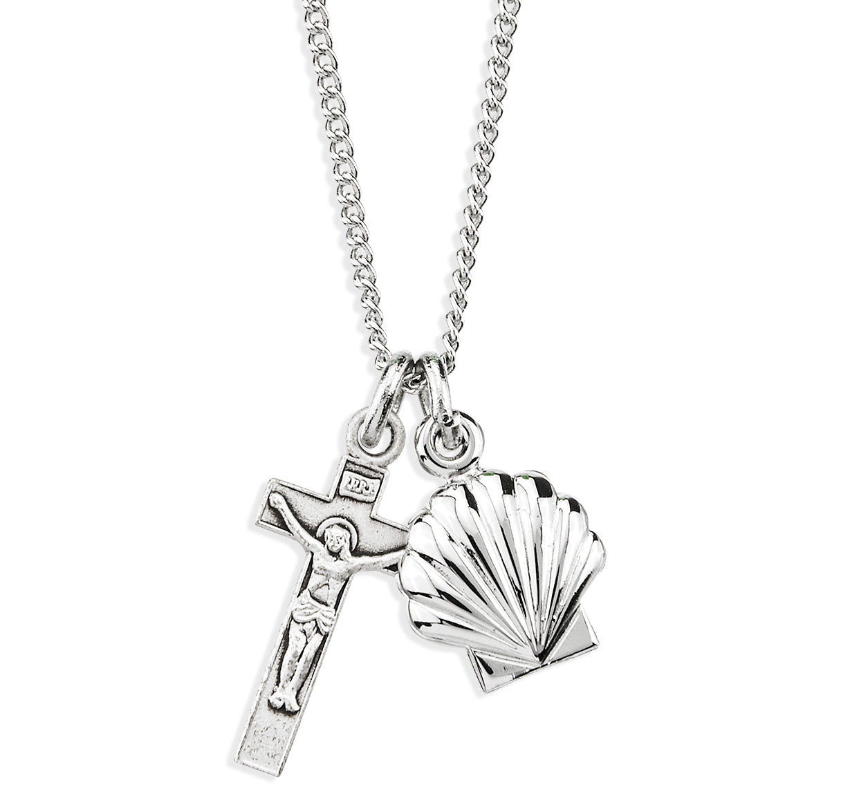 Sterling Silver Small Crucifix W/Baptismal Medal (Set)-18"Ch (Rhodium Plated Thin)-Bxd-(S1802/S1395)