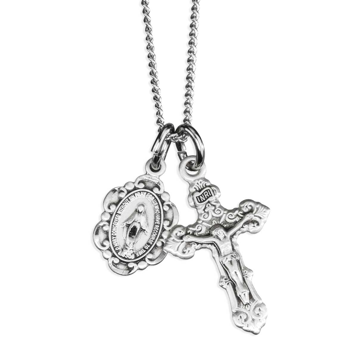 Sterling Silver Baroque Style Crucifix and Small Baroque Miraculous18"-Ch (Rhodium Plated Thin)-Bxd