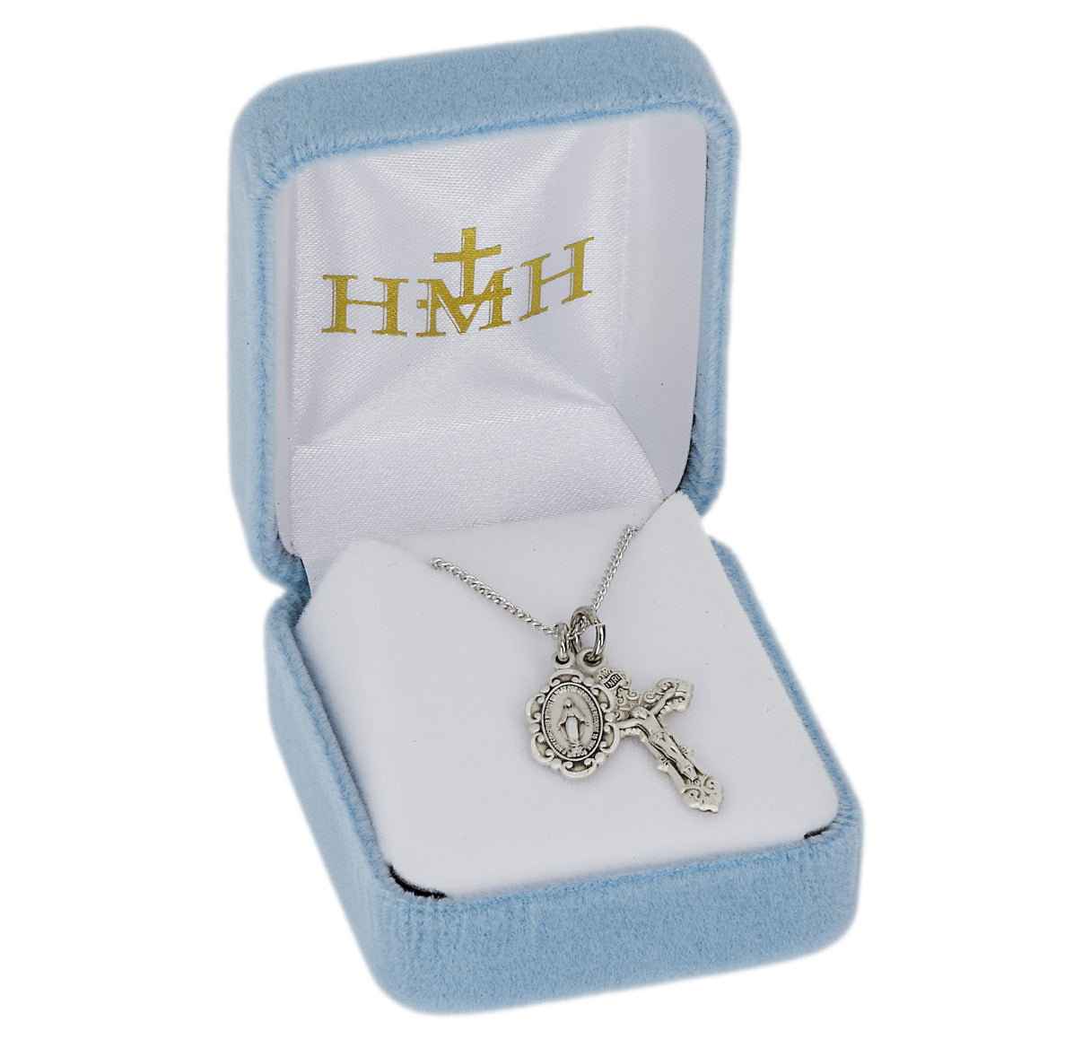 Sterling Silver Baroque Style Crucifix and Small Baroque Miraculous18"-Ch (Rhodium Plated Thin)-Bxd