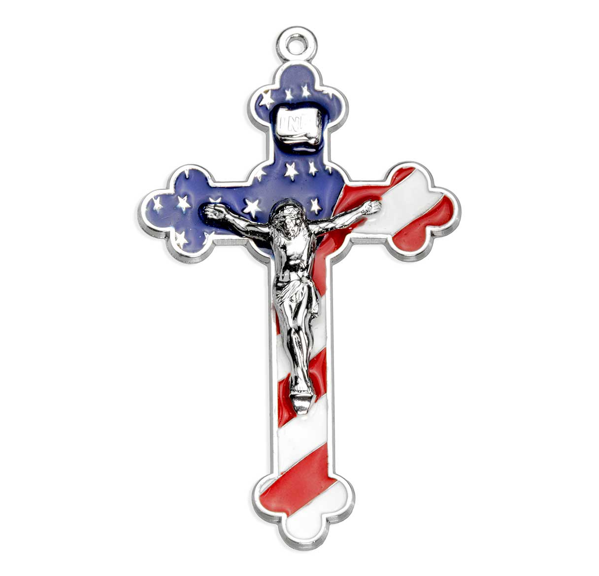 Sterling Silver USA Flag Crucifix W/ Red White & Blue Epoxy Budded Tips-24"Ch-Bxd