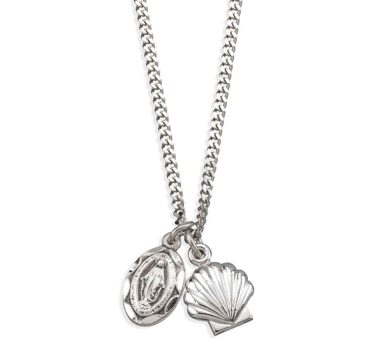 Sterling Silver Miraculous Medal W/ Sterling Baptismal Medal (Set)-18"Ch (Rhodium Plated Thin)-Bxd-(S2101/S1395)