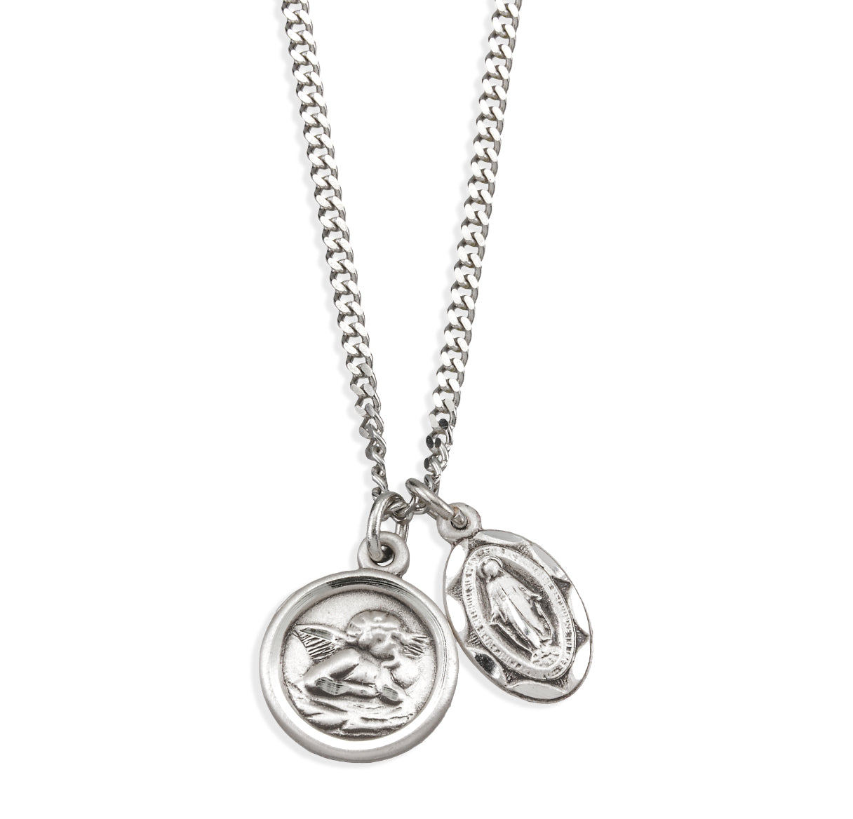 Sterling Silver Miraculous Medal W/ Sterling Cherub Medal (Set)-18"Ch (Rhodium Plated Thin)-Bxd-(S2101/S1640)