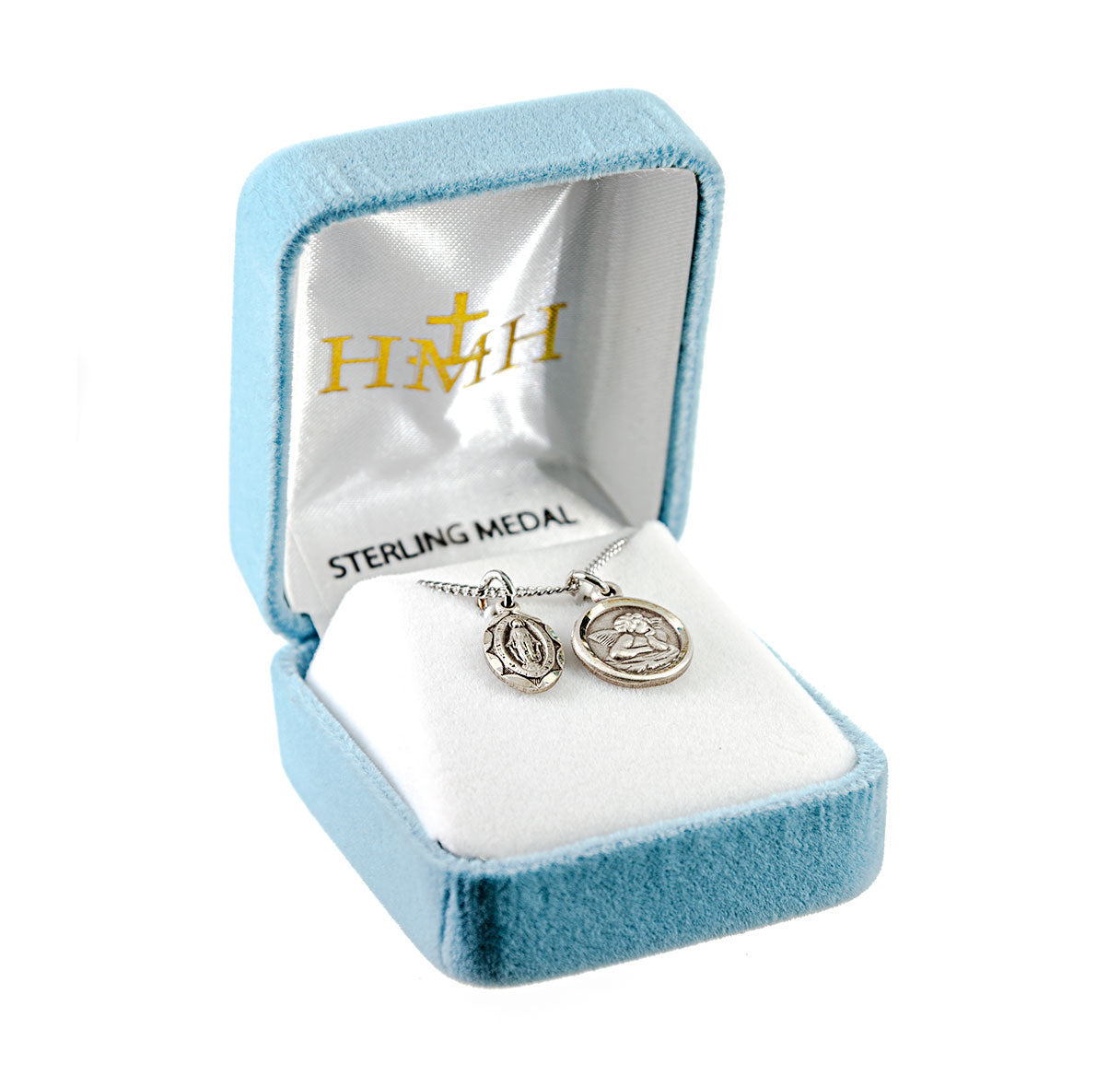 Sterling Silver Miraculous Medal W/ Sterling Cherub Medal (Set)-18"Ch (Rhodium Plated Thin)-Bxd-(S2101/S1640)