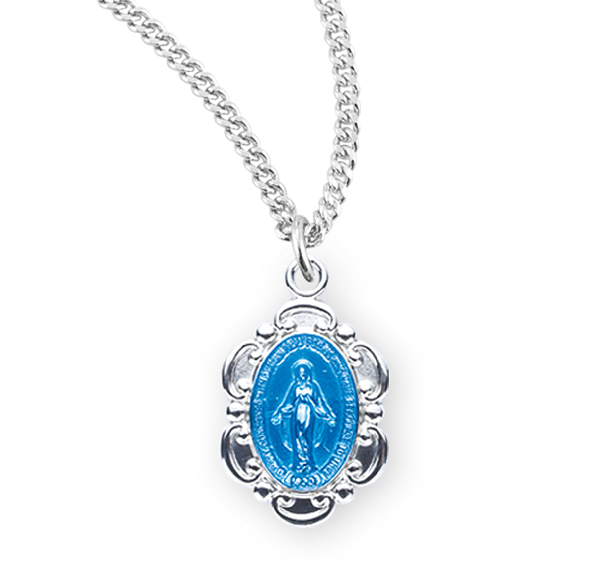 Sterling Silver Blue Epoxy Oval Fancy Edge Miraculous Medal