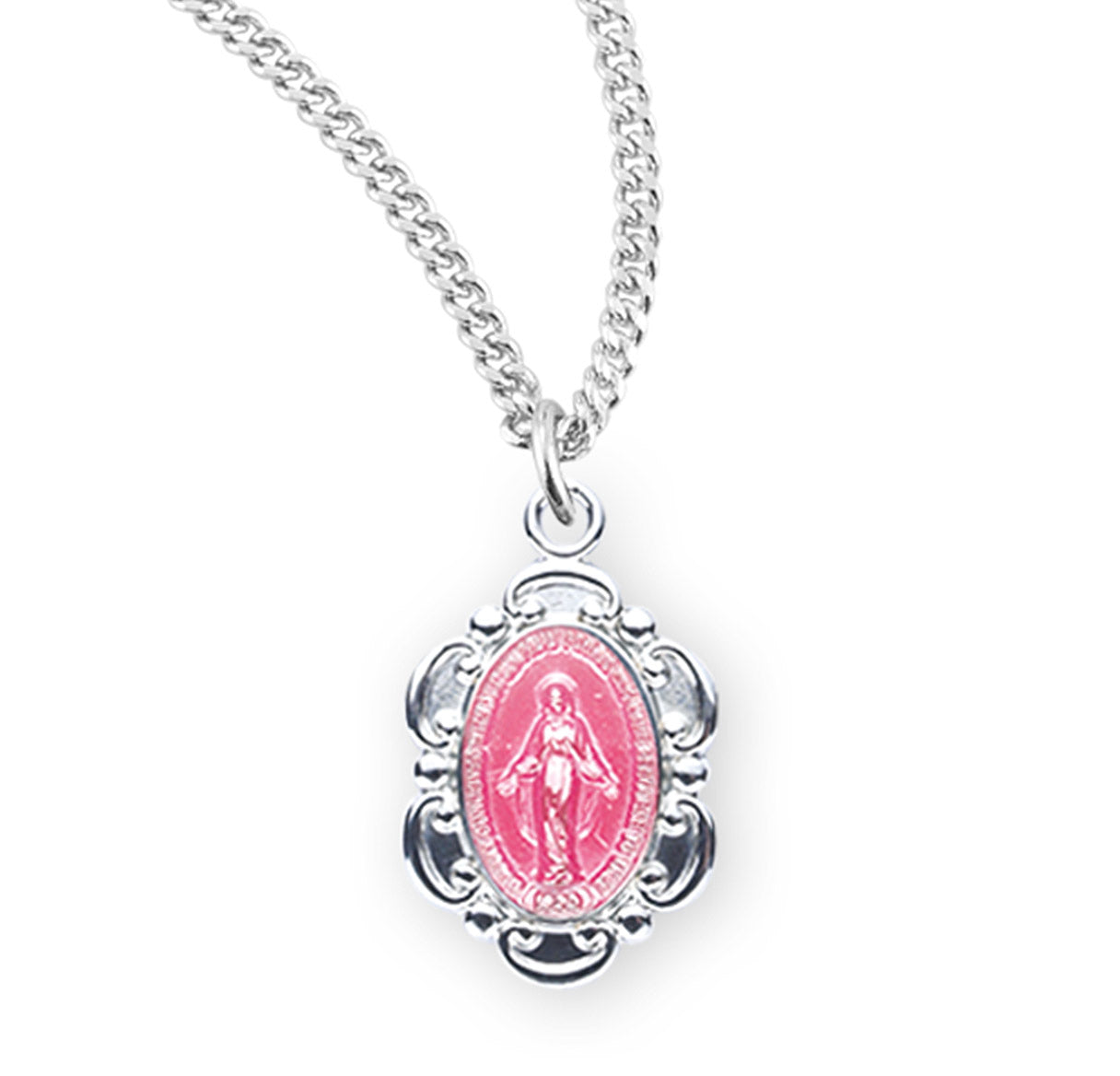 Sterling Silver Pink Epoxy Oval Fancy Edge Miraculous Medal