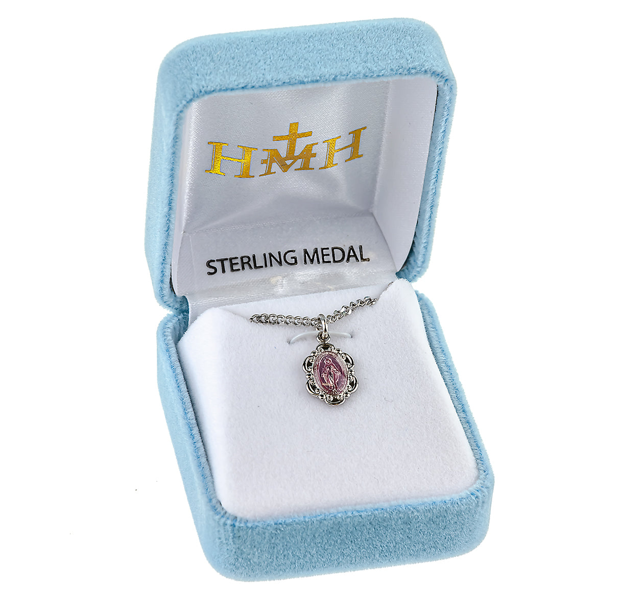 Sterling Silver Pink Epoxy Oval Fancy Edge Miraculous Medal