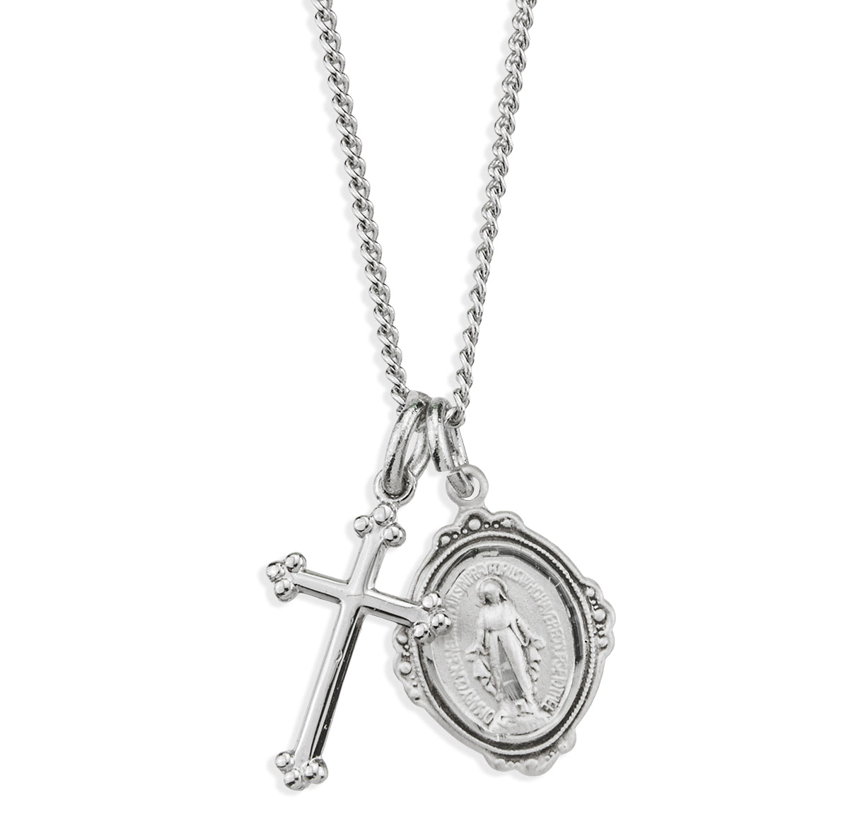 Sterling Silver Miraculousl Medal W/ Small Cross(Set)-18"Ch (Rhodium Plated Thin)-Bxd-(S2106/S1701)