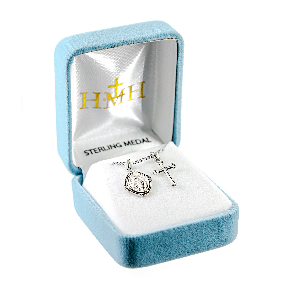 Sterling Silver Miraculousl Medal W/ Small Cross(Set)-18"Ch (Rhodium Plated Thin)-Bxd-(S2106/S1701)