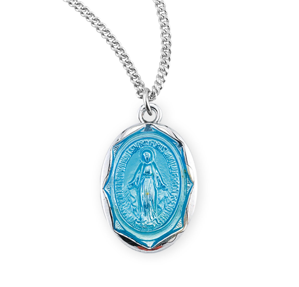 Sterling Silver Oval Blue Epoxy Miraculous Medal