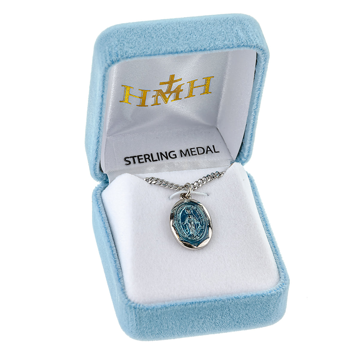 Sterling Silver Oval Blue Epoxy Miraculous Medal
