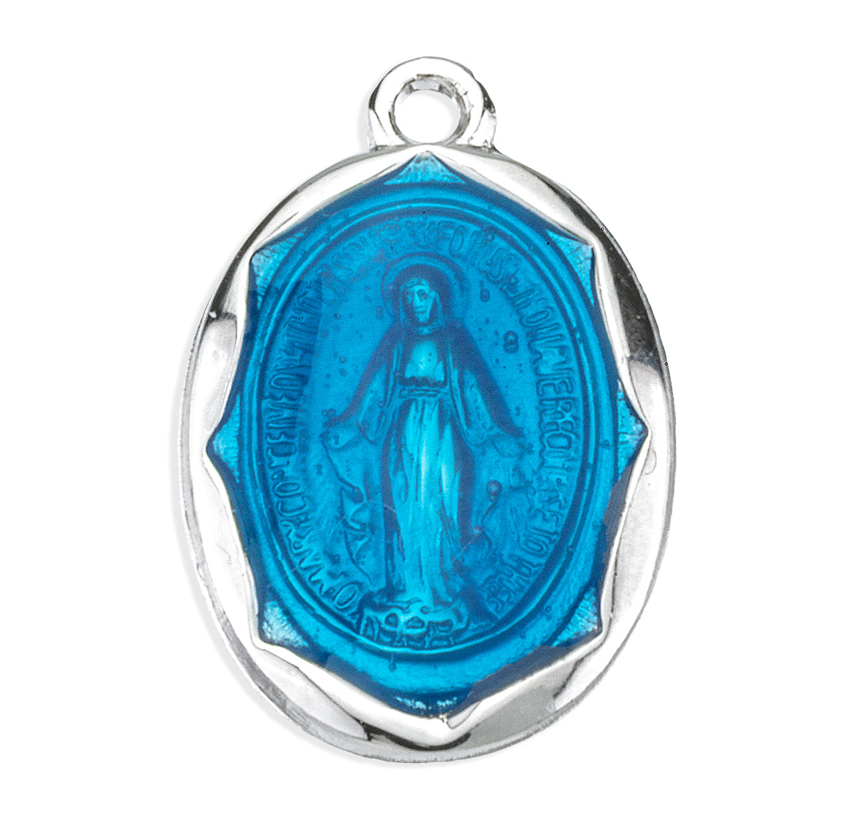 Sterling Silver Oval Blue Epoxy Miraculous Medal