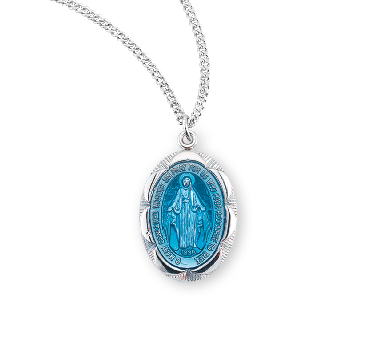 Sterling Silver Oval Blue Epoxy Fancy Edge Miraculous Medal