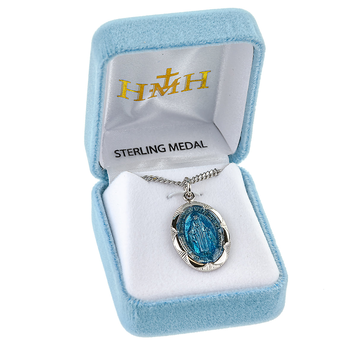 Sterling Silver Oval Blue Epoxy Fancy Edge Miraculous Medal