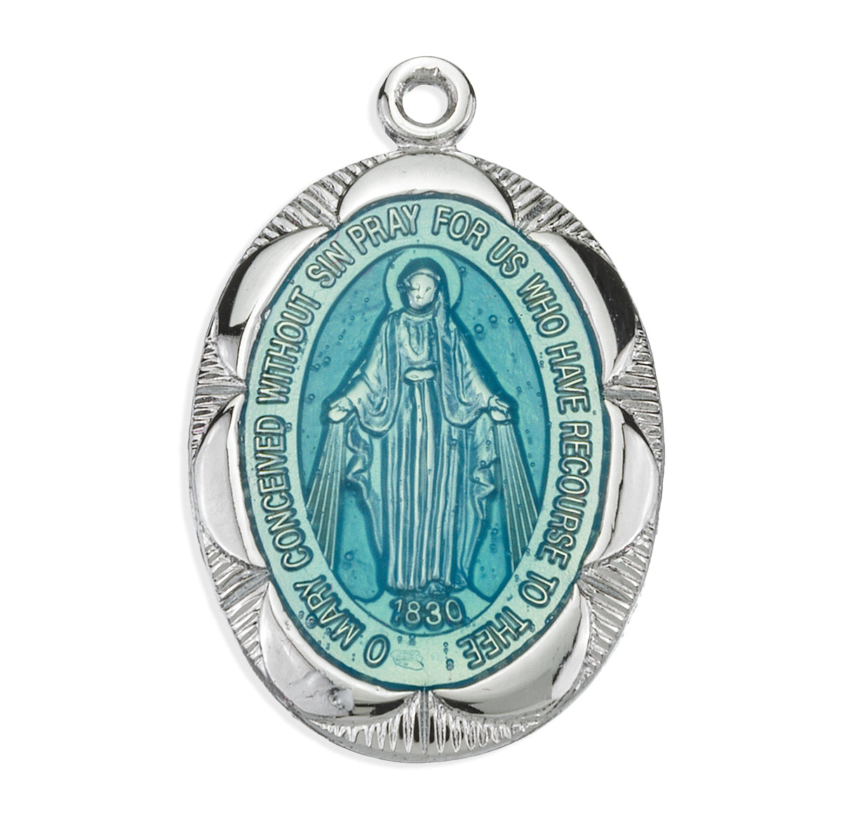 Sterling Silver Oval Blue Epoxy Fancy Edge Miraculous Medal
