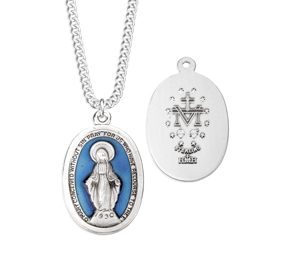 Sterling Silver Miraculous Medal W/ Blue Epoxy Interior & High Polished Edges-18"