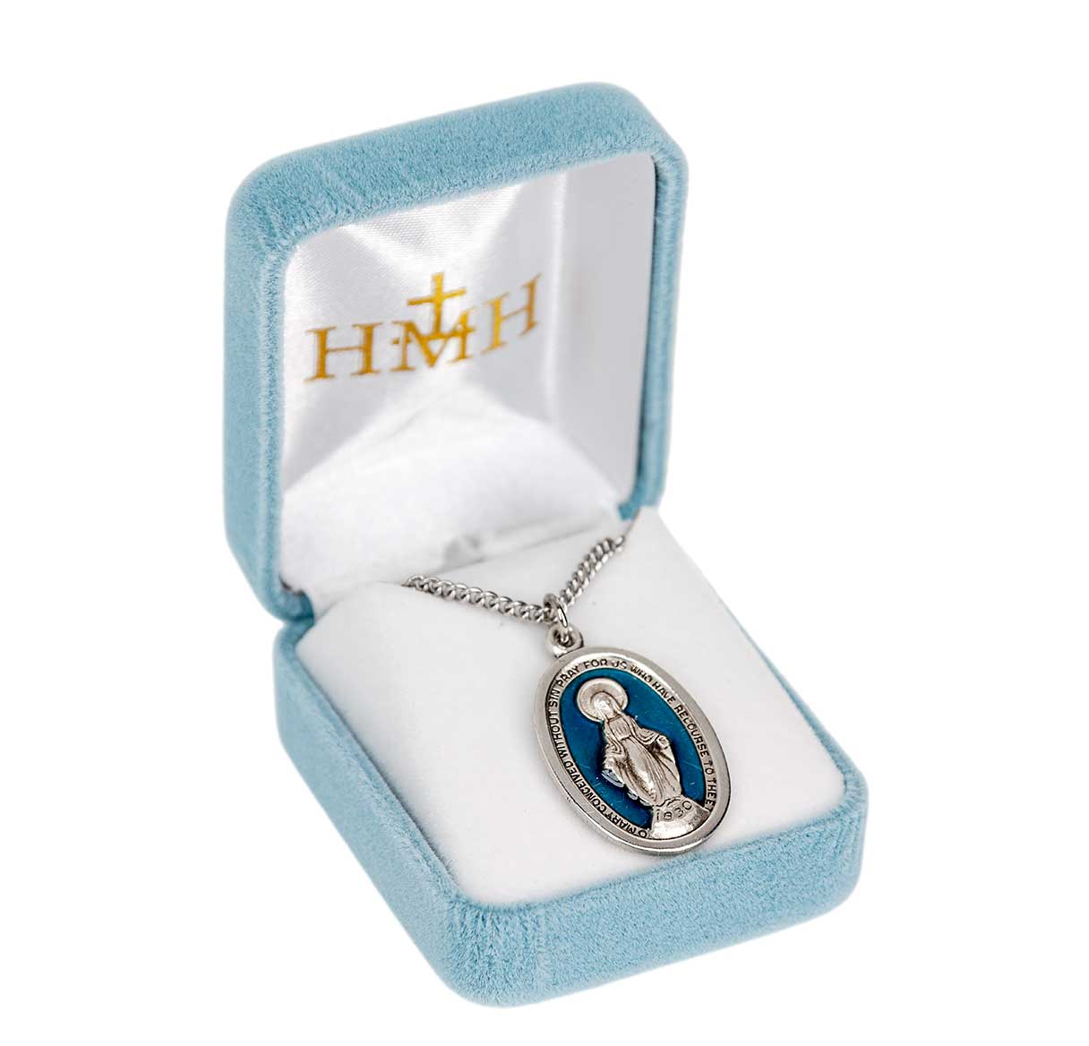 Sterling Silver Miraculous Medal W/ Blue Epoxy Interior & High Polished Edges-18"
