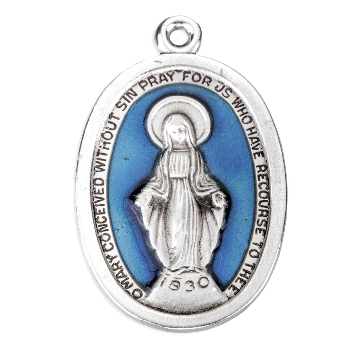 Sterling Silver Miraculous Medal W/ Blue Epoxy Interior & High Polished Edges-18"