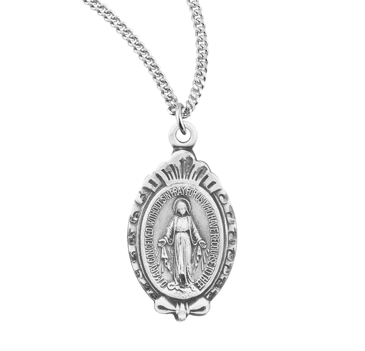 Sterling Silver 15/16" Miraculous Medal w/Fancy Scroll Border w/20" Ch-Bxd
