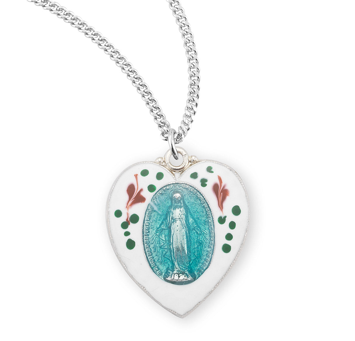 Sterling Silver Flower Epoxy Heart Shape Miraculous Medal