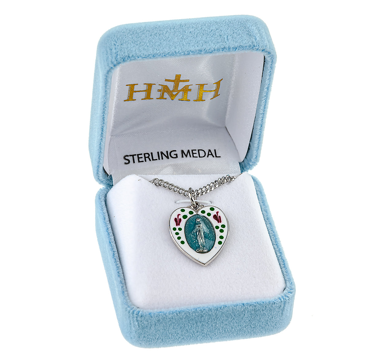 Sterling Silver Flower Epoxy Heart Shape Miraculous Medal