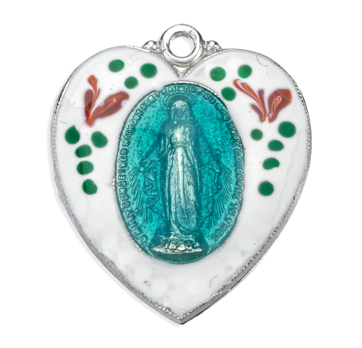 Sterling Silver Flower Epoxy Heart Shape Miraculous Medal