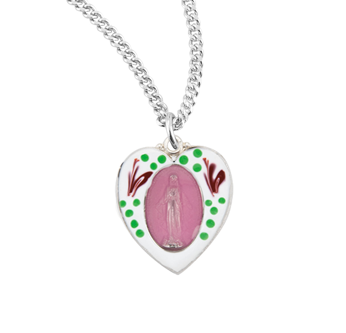 Sterling Silver Flower Epoxy Heart Shape Miraculous Medal