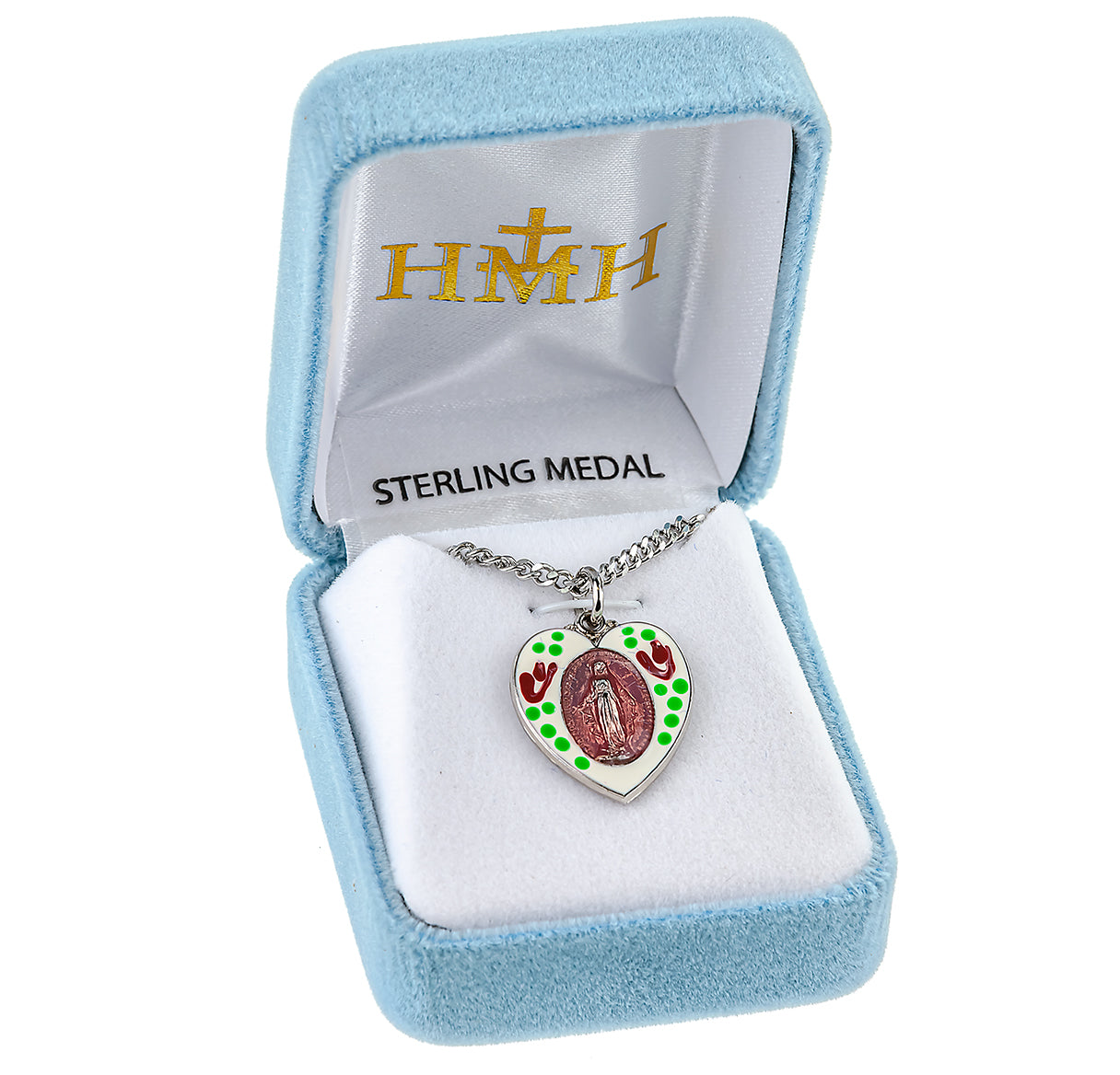 Sterling Silver Flower Epoxy Heart Shape Miraculous Medal