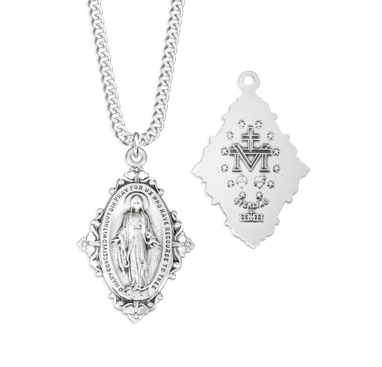 Sterling Silver Medium Miraculous Medal W/ Floret & Vine Four Sided Bordering-18"
