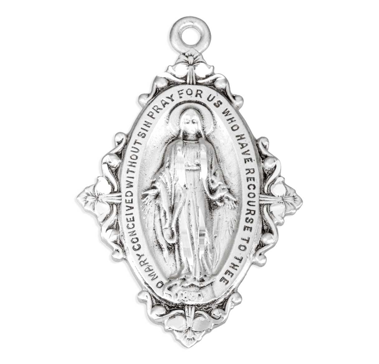 Sterling Silver Medium Miraculous Medal W/ Floret & Vine Four Sided Bordering-18"