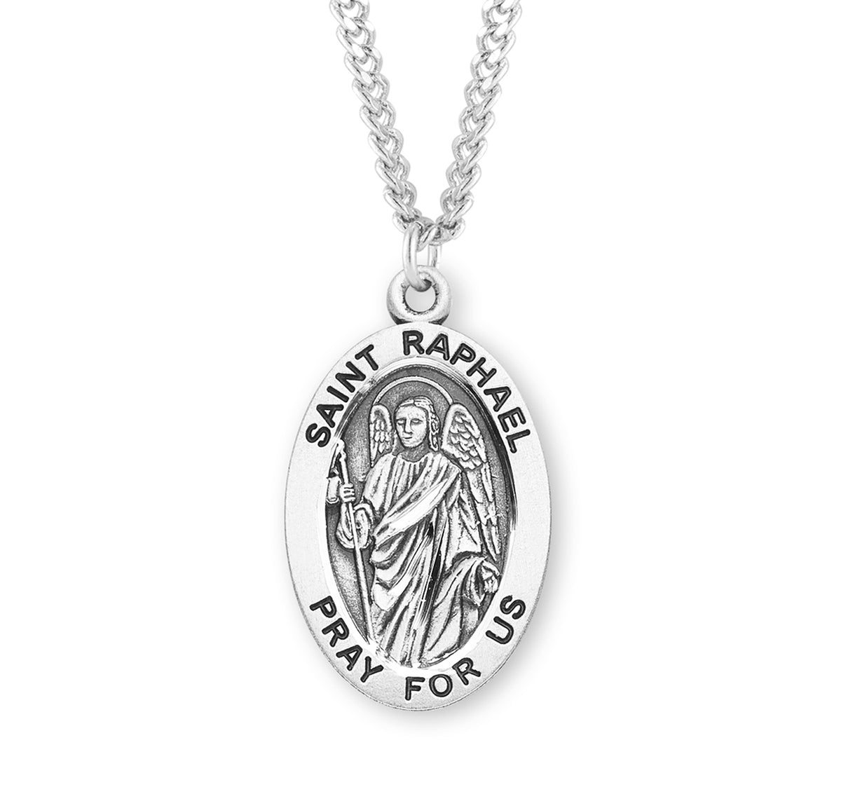 Patron Saint Raphael Archangel Oval Sterling Silver Medal — HMH Religious