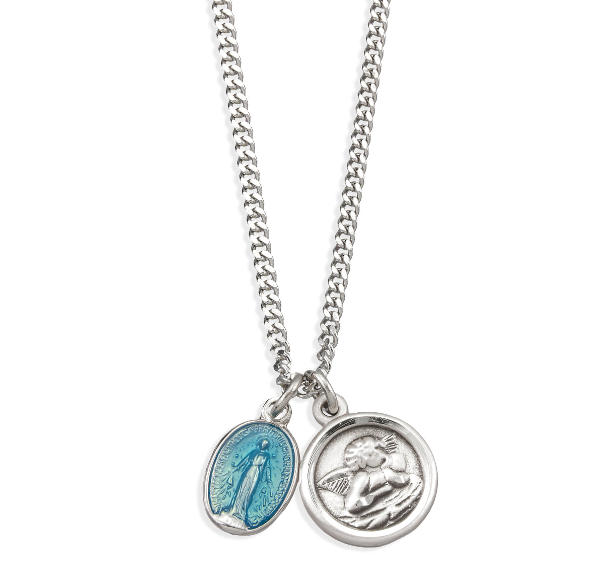 Sterling Silver Blue Miraculous Medal W/ Sterling Cherub Medal (Set)-18"Ch (Rhodium Plated Thin)-Bxd-(S3100B/S1640)