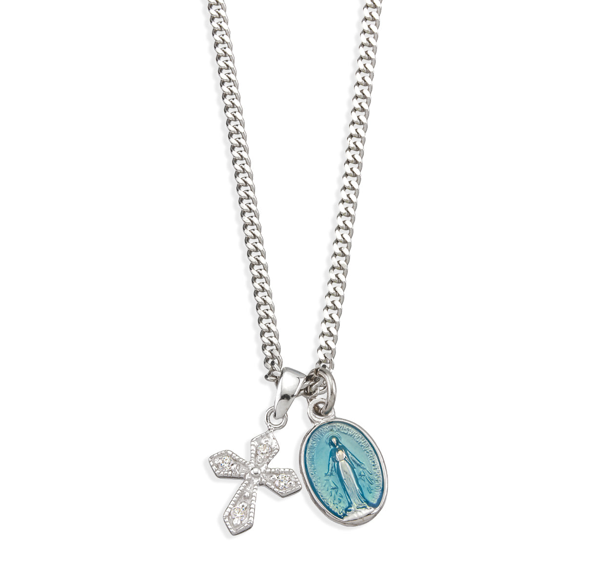 Sterling Silver Blue Miraculous Medal W/ Small CZ Cross(Set)-18"Ch (Rhodium Plated Thin)-Bxd-(S3100B/Z3910)