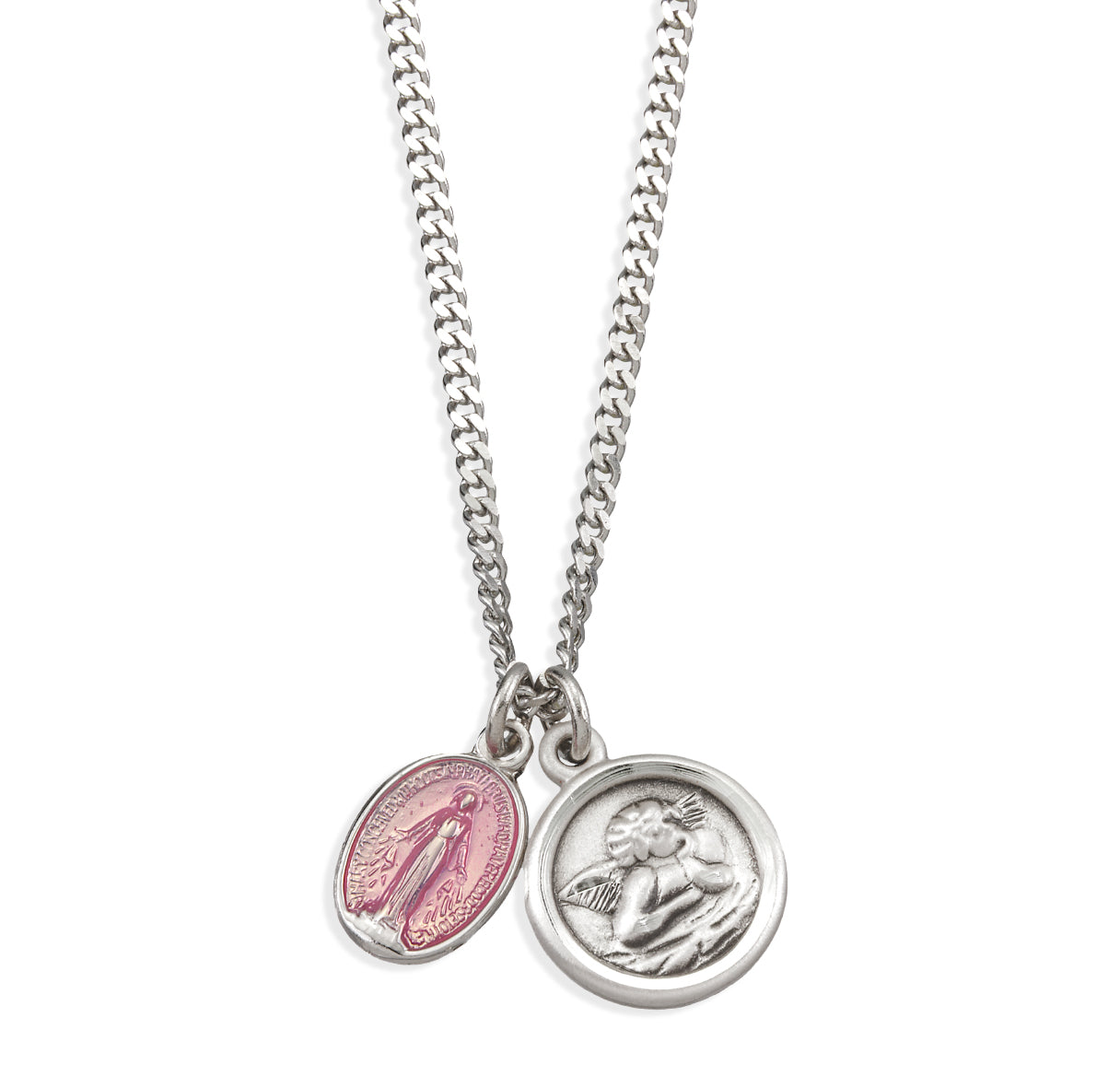 Sterling Silver Pink Miraculous Medal W/ Sterling Cherub Medal (Set)-18"Ch (Rhodium Plated Thin)-Bxd-(S3100P/S1640)
