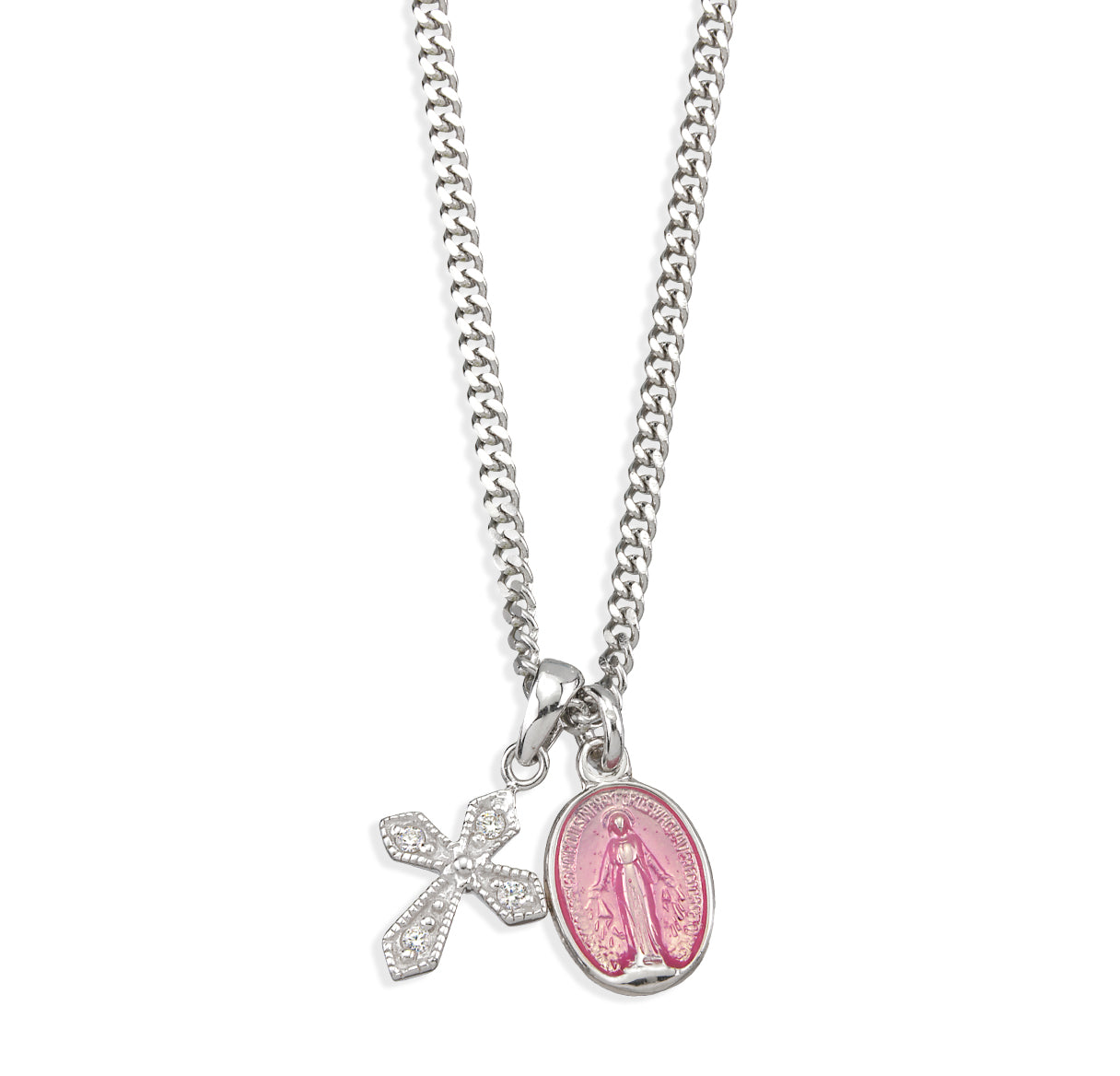 Sterling Silver Pink Miraculous Medal W/ Small CZ Cross(Set)-18"Ch (Rhodium Plated Thin)-Bxd-(S3100P/Z3910)