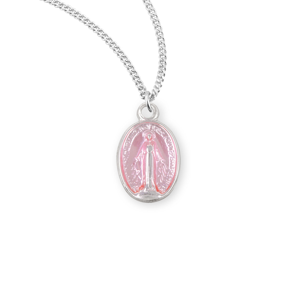 Sterling Silver Oval Pink Epoxy Miraculous Medal