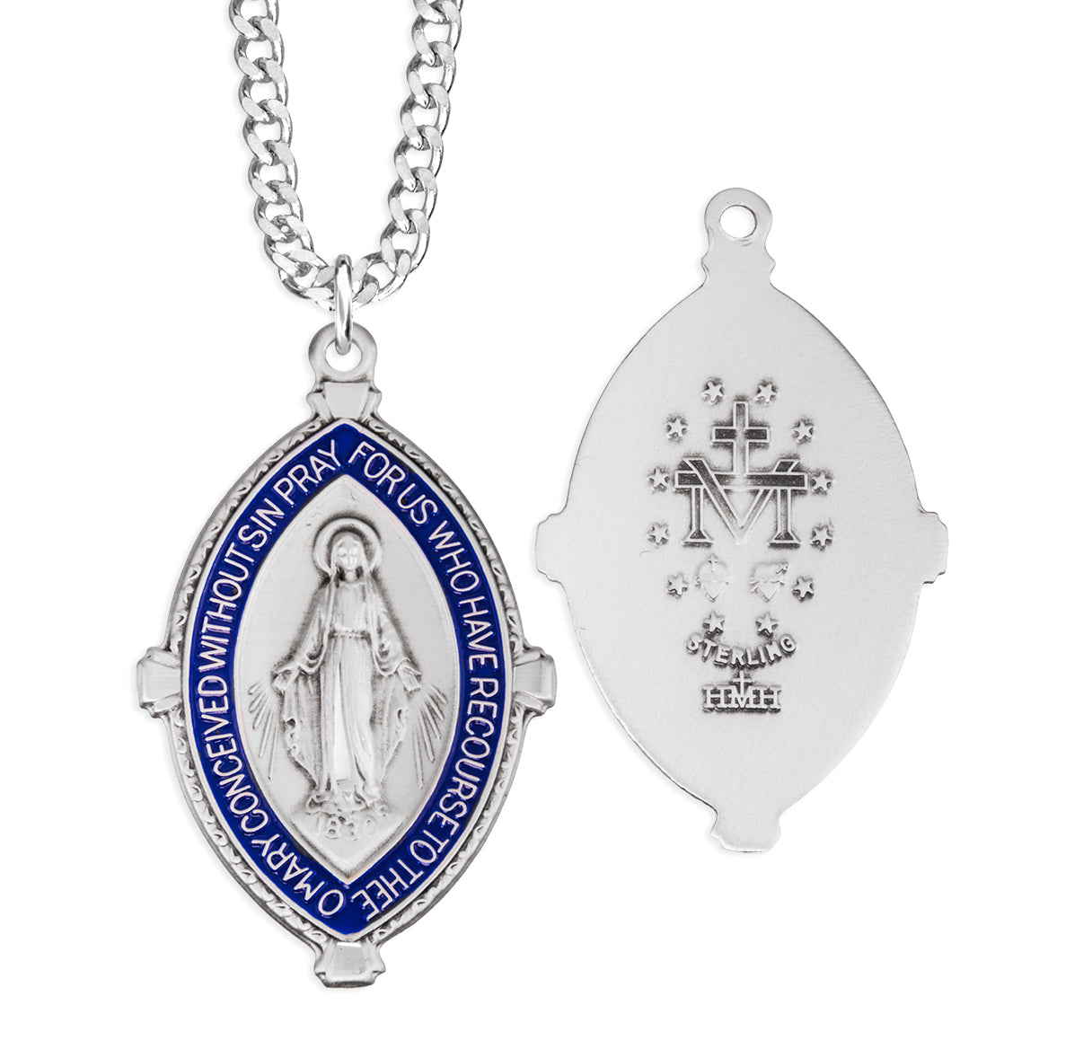 Sterling Silver Almond Shape Miraculous Medal W/ Blue Epoxy & Cross Tipped Edging -24"Ch-Bxd